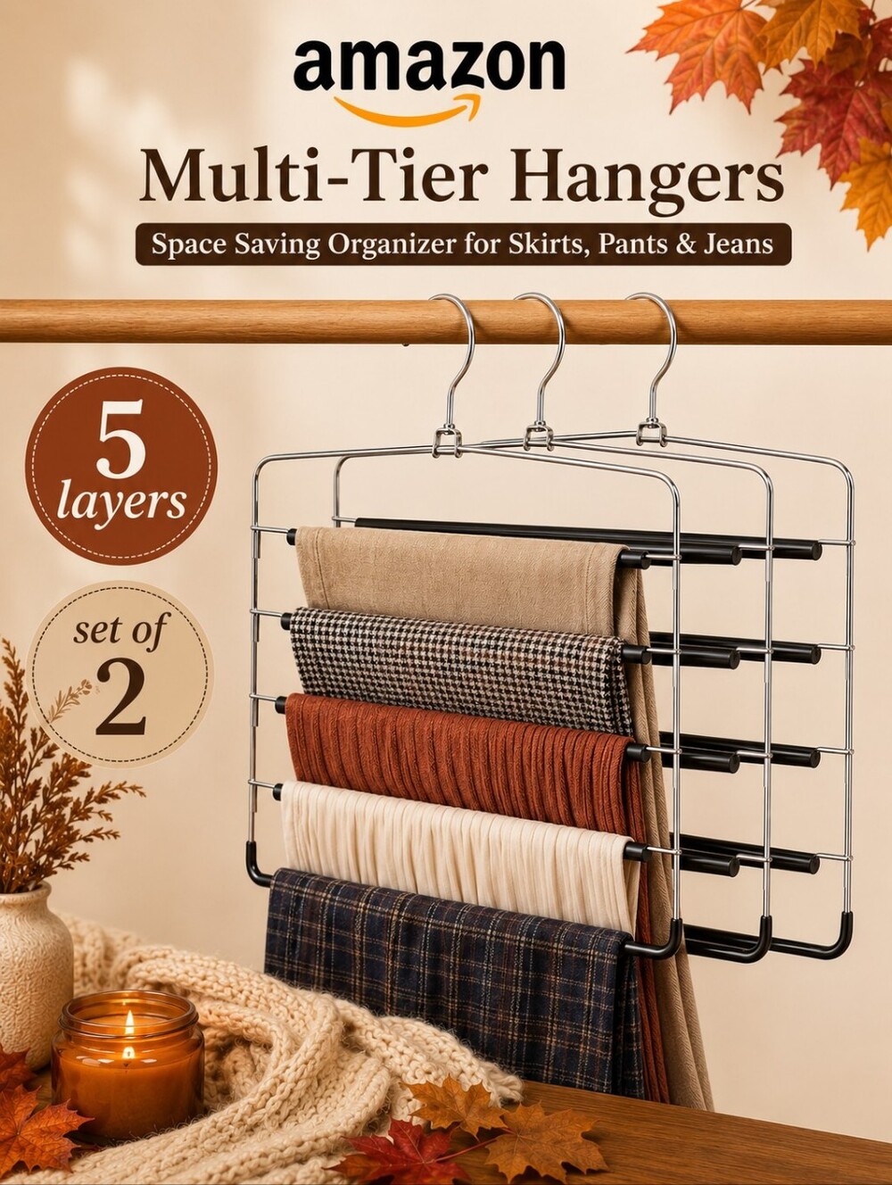 Amazon 2-Pk Multi-Tier Hangers | Space Saving Organizer for Jeans, Pants,Skirts